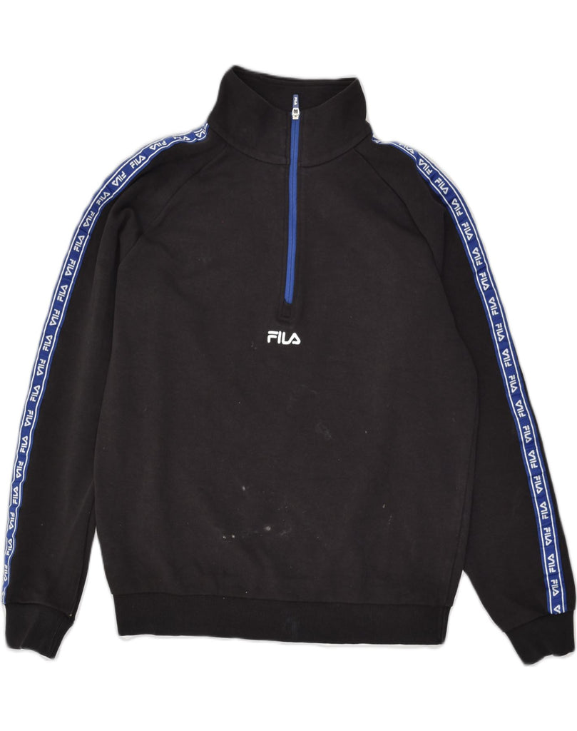 FILA Mens Graphic Zip Neck Sweatshirt Jumper Medium Black Cotton | Vintage Fila | Thrift | Second-Hand Fila | Used Clothing | Messina Hembry 