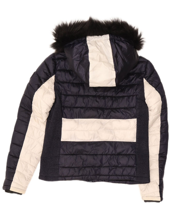 Superdry Womens Hooded Padded Jacket UK 14 Large Navy Blue Colourblock