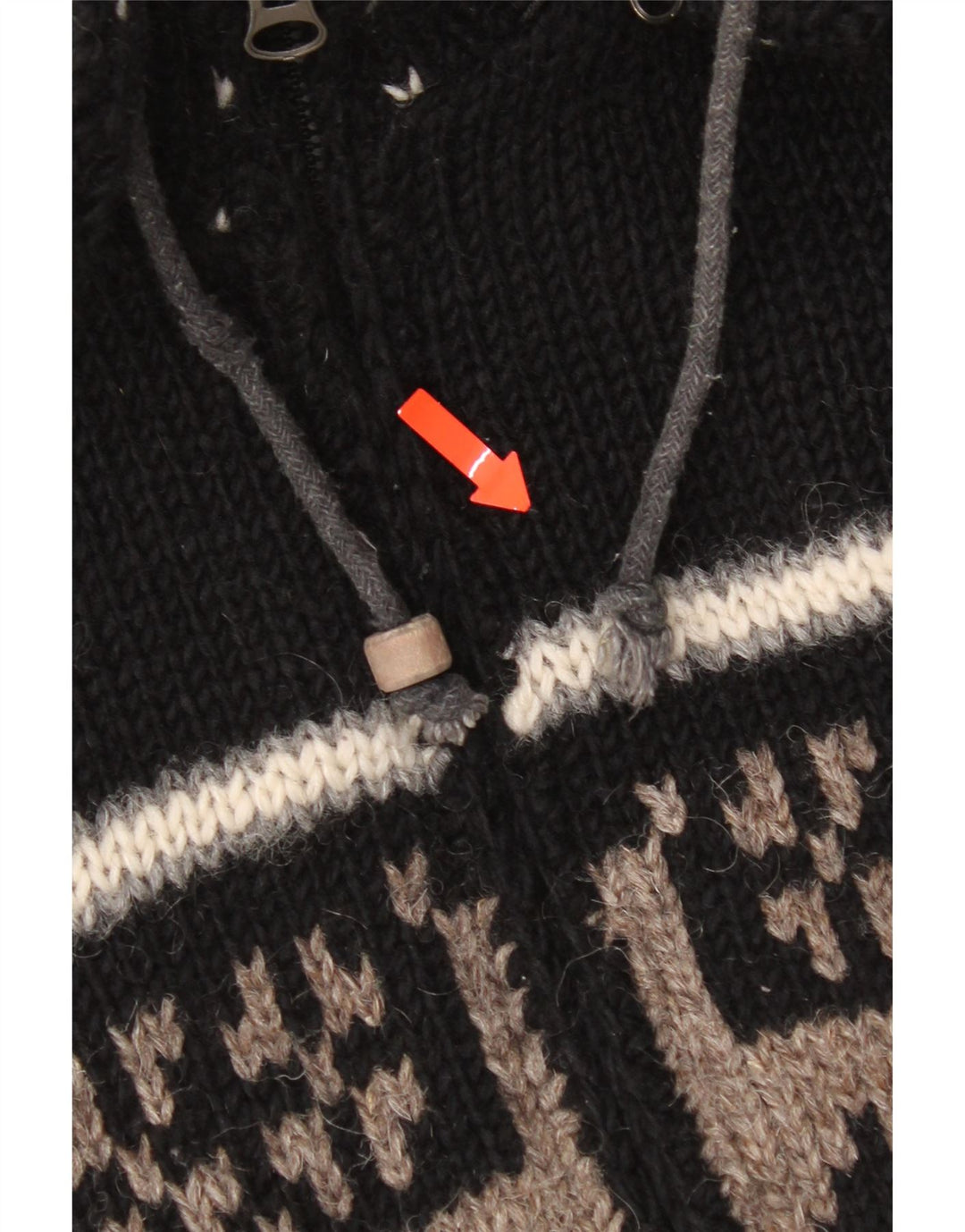 Vintage Mens Hooded Cardigan Sweater Large Black Fair Isle Wool