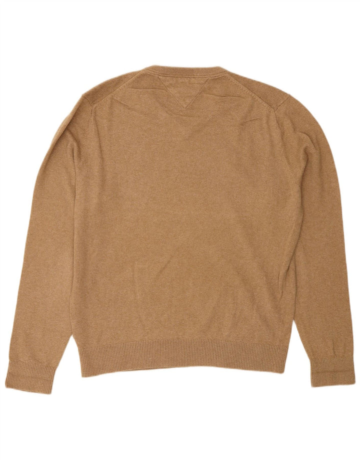 Tommy Hilfiger Mens V-Neck Jumper Sweater Large Beige Cotton