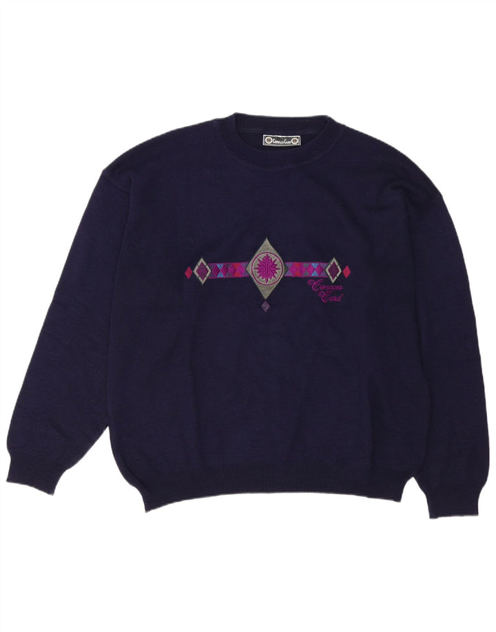 COMPASS CARD Mens Graphic Crew Neck Jumper Sweater Large Navy Blue Wool