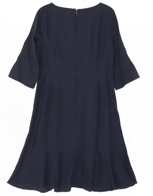 Monsoon Womens 3/4 Sleeve Asymmetrical Dress UK 16 Large Navy Blue Linen