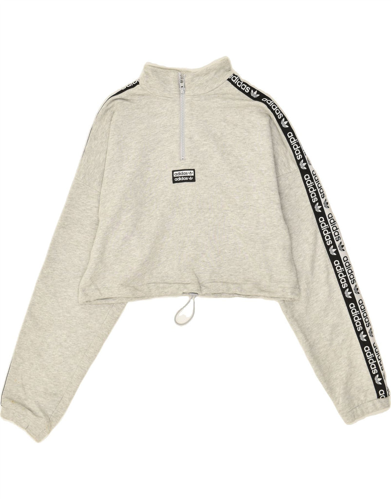 ADIDAS Womens Crop Zip Neck Sweatshirt Jumper UK 14 Large  Grey Cotton | Vintage Adidas | Thrift | Second-Hand Adidas | Used Clothing | Messina Hembry 
