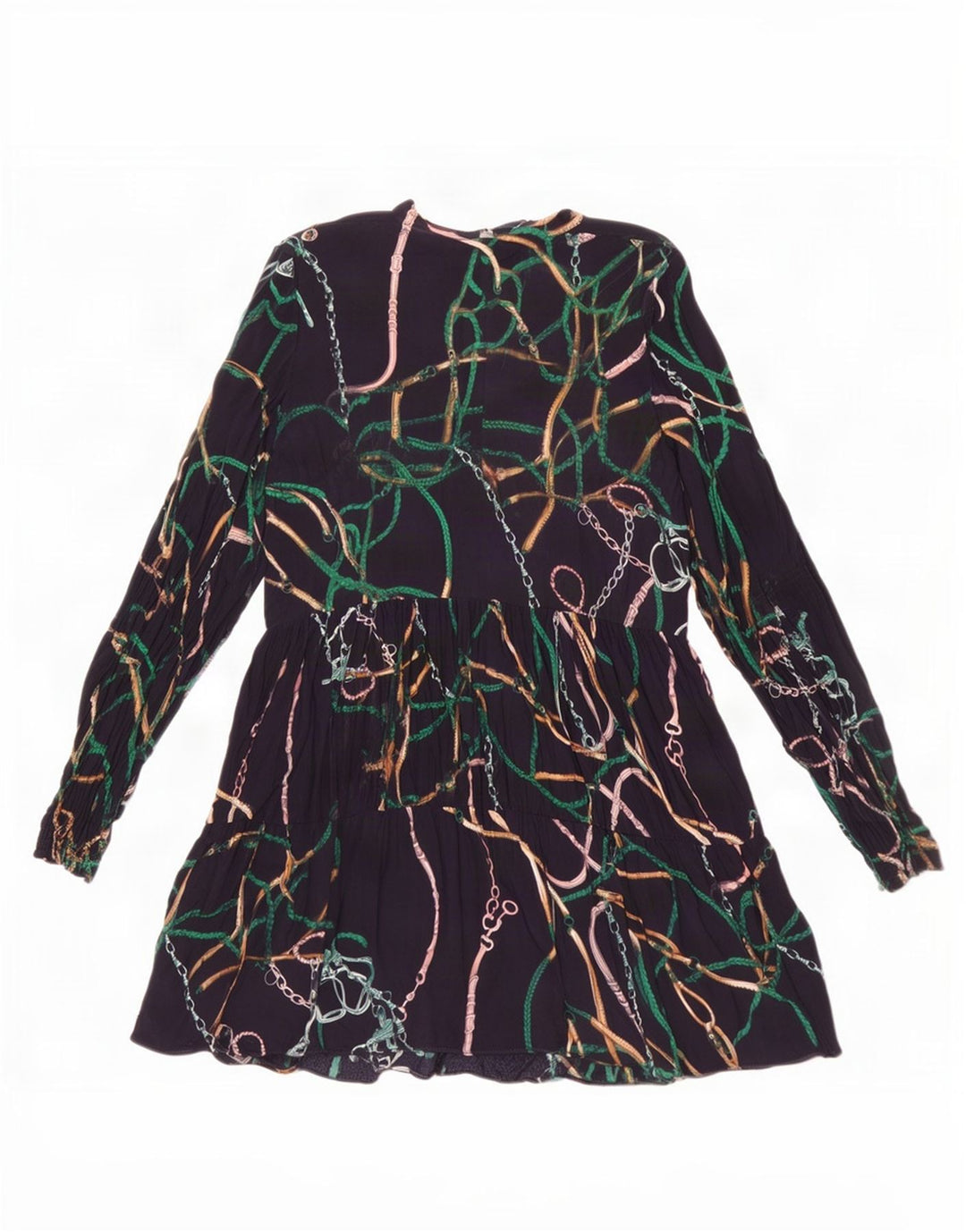 Zara Womens Abstract Pattern Long Sleeve Tiered Dress UK 16 Large Navy Blue