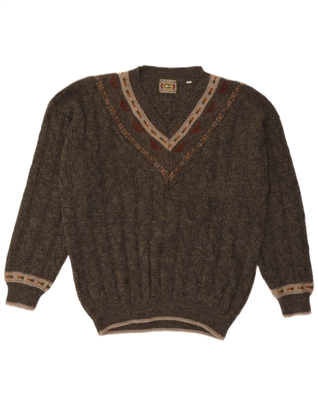 Noba 1950 Mens V-Neck Jumper Sweater IT 52 Large Khaki Geometric Wool