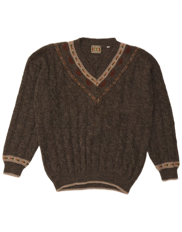 Noba 1950 Mens V-Neck Jumper Sweater IT 52 Large Khaki Geometric Wool