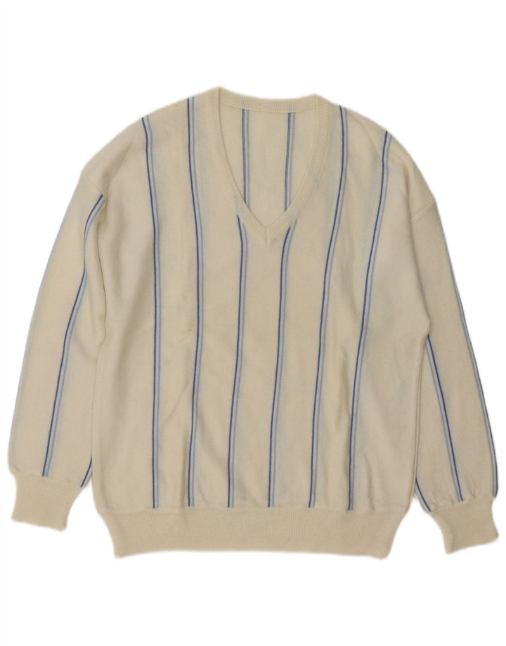 VINTAGE Mens V-Neck Jumper Sweater Medium Off White Striped
