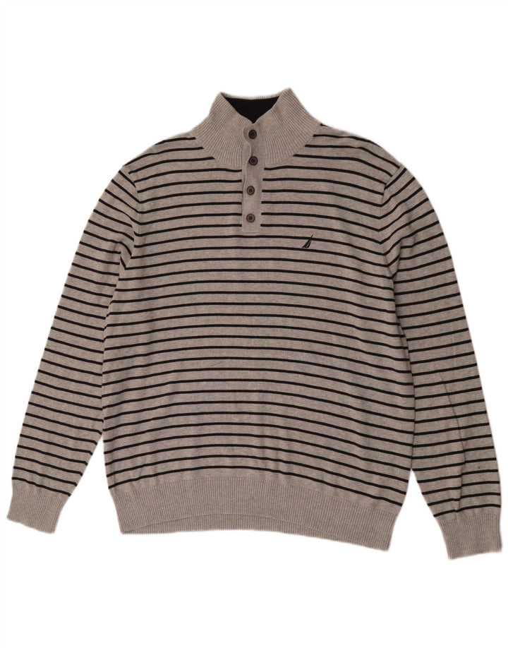 Nautica Mens Button Neck Jumper Sweater Large Grey Striped Cotton
