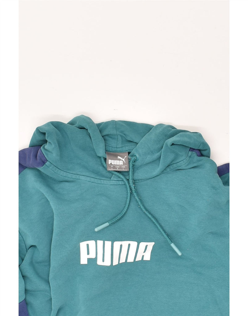 PUMA Mens Graphic Hoodie Jumper Large Blue Colourblock Cotton | Vintage Puma | Thrift | Second-Hand Puma | Used Clothing | Messina Hembry 