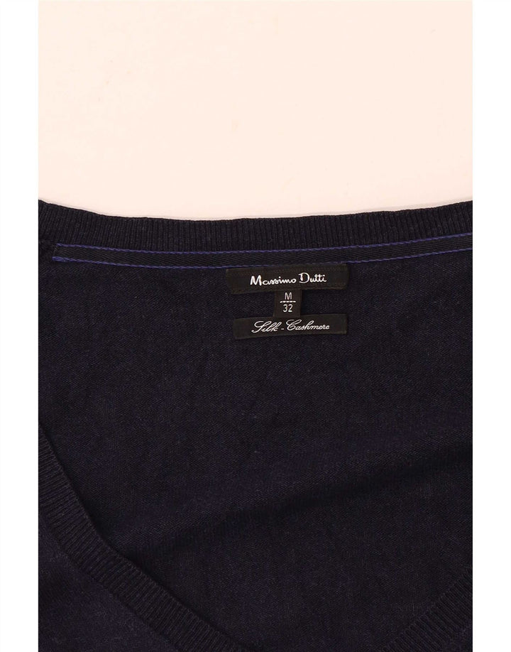 Massimo Dutti Womens V-Neck Jumper Sweater UK 12 Medium Navy Blue Silk