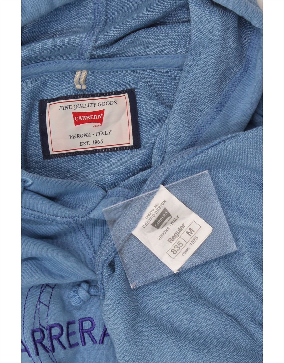 CARRERA Mens Graphic Hoodie Jumper Medium Blue Cotton Vintage Carrera and Second-Hand Carrera from Messina Hembry 