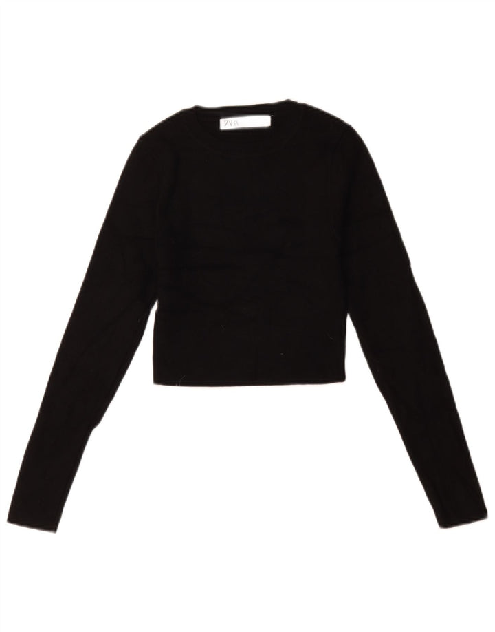 Zara Womens Crop Oversized Top Long Sleeve UK 10 Small Black Viscose