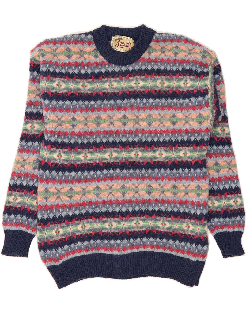 S. MORITZ Mens Crew Neck Jumper Sweater Medium Navy Blue Fair Isle Wool Vintage S. Moritz and Second-Hand S. Moritz from Messina Hembry 