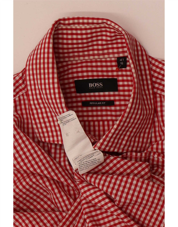 Hugo Boss Mens Regular Fit Shirt Size 41 16 Large Red Gingham Cotton