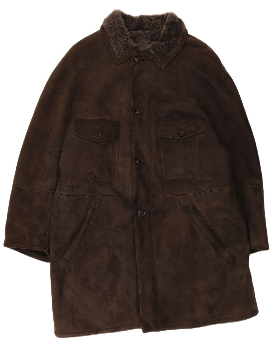 Vintage Mens Shearling Overcoat UK 40 Large Brown Leather