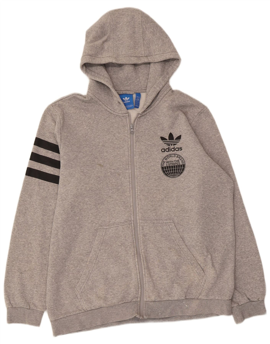 ADIDAS Mens Three Stripes Graphic Zip Hoodie Sweater XL Grey Flecked