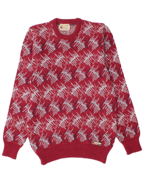 Viky Tricot Mens Crew Neck Jumper Sweater Small Red Geometric Virgin Wool