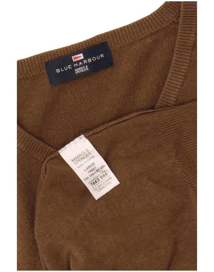 MARKS & SPENCER Mens Blue Harbour V-Neck Jumper Sweater Large Brown