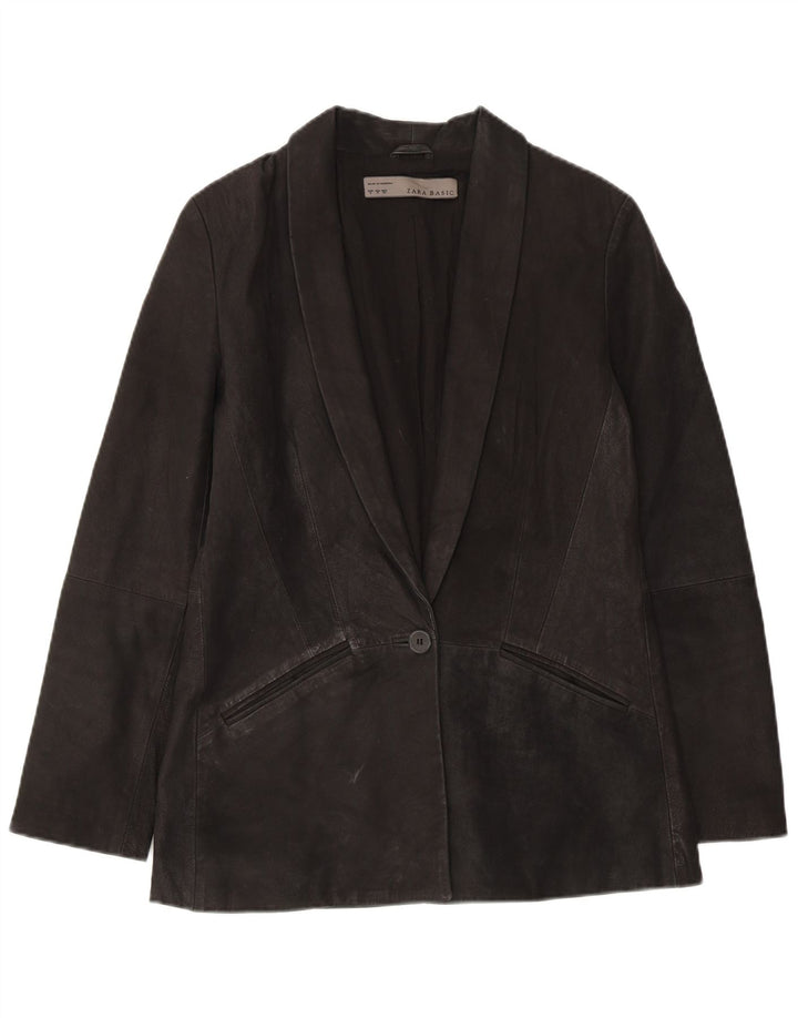 Zara Womens 1 Button Suede Blazer Jacket UK 10 Small Black Leather