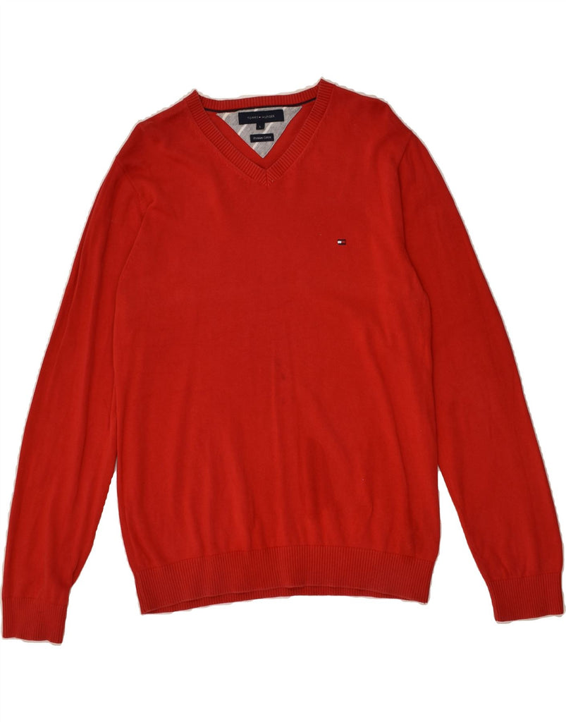 TOMMY HILFIGER Mens V-Neck Jumper Sweater Large Red Cotton | Vintage Tommy Hilfiger | Thrift | Second-Hand Tommy Hilfiger | Used Clothing | Messina Hembry 