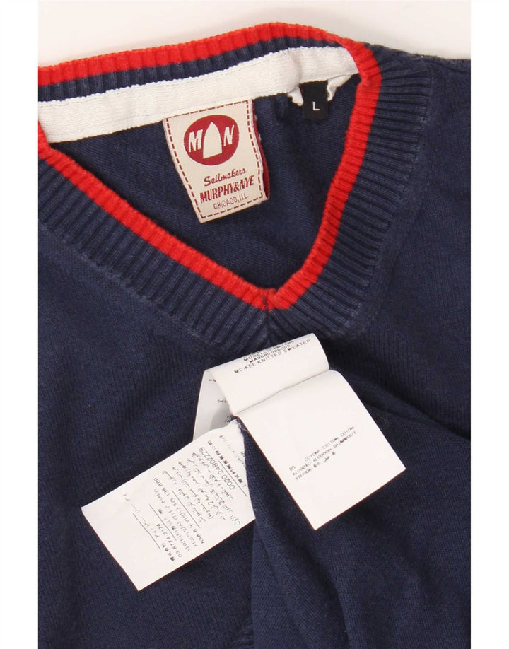 Murphy & Nye Mens Sailmakers V-Neck Jumper Sweater Large Navy Blue Cotton