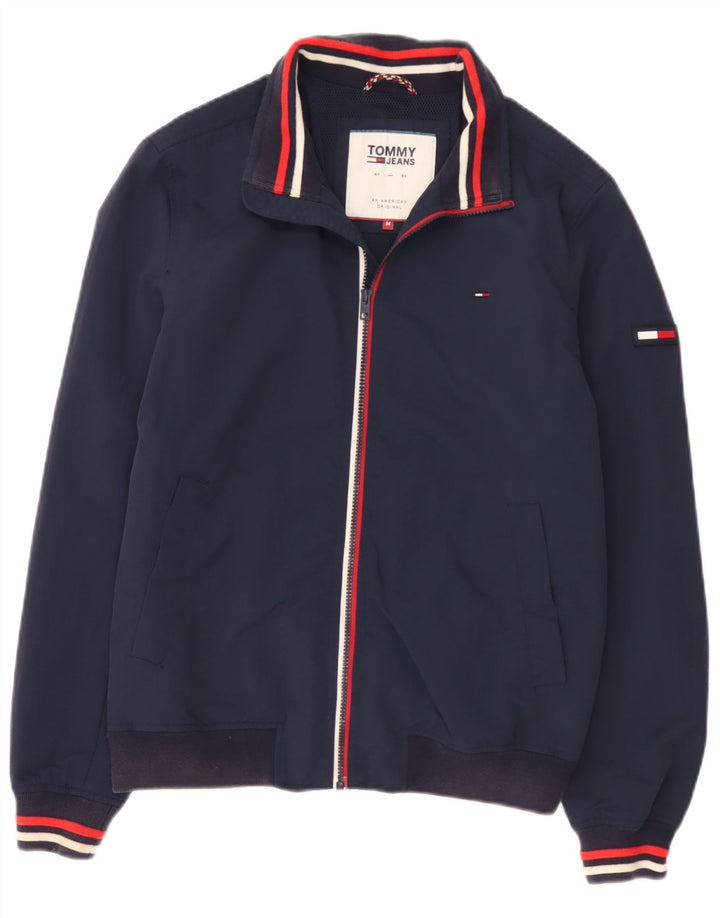 Tommy Hilfiger Mens Bomber Jacket UK 38 Medium Navy Blue Striped Polyamide