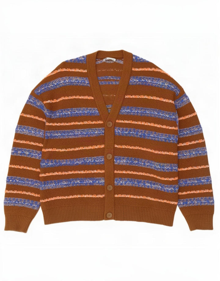 Zara Mens Cardigan Sweater Medium Brown Striped Cotton