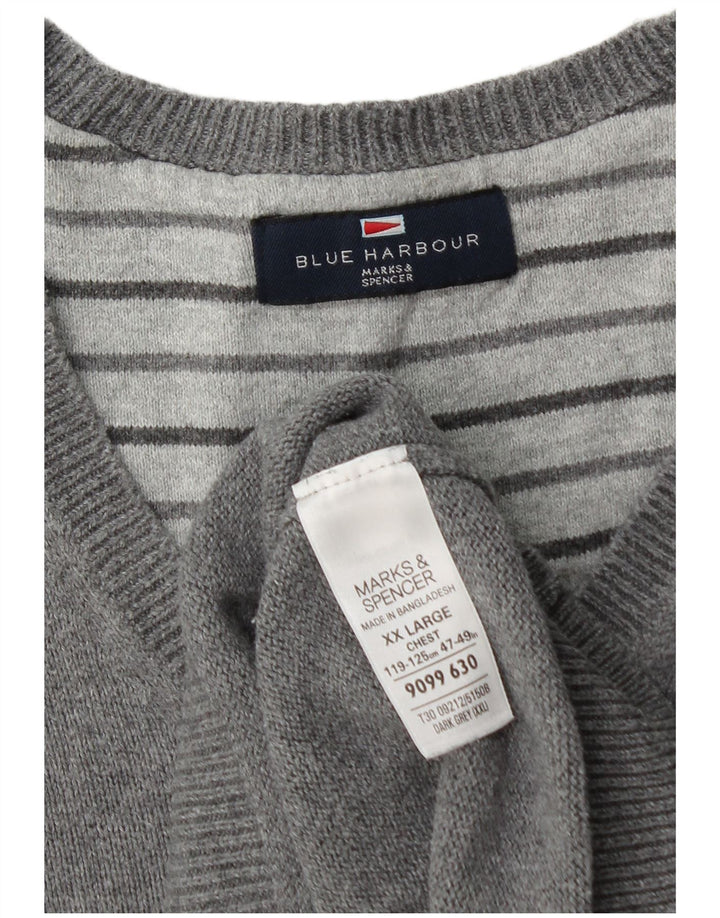 Marks & Spencer Mens Blue Harbour V-Neck Jumper Sweater 2XL Grey Cotton