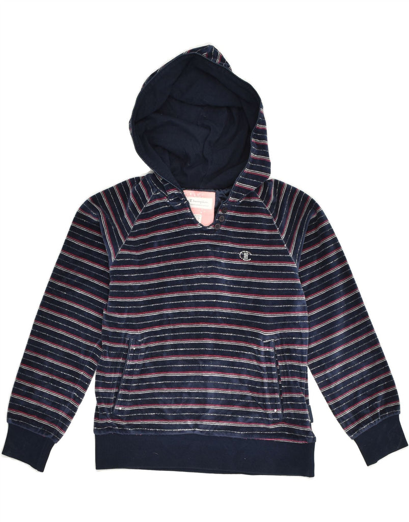 CHAMPION Girls Hoodie Jumper 9-10 Years Medium  Navy Blue Striped Cotton | Vintage Champion | Thrift | Second-Hand Champion | Used Clothing | Messina Hembry 