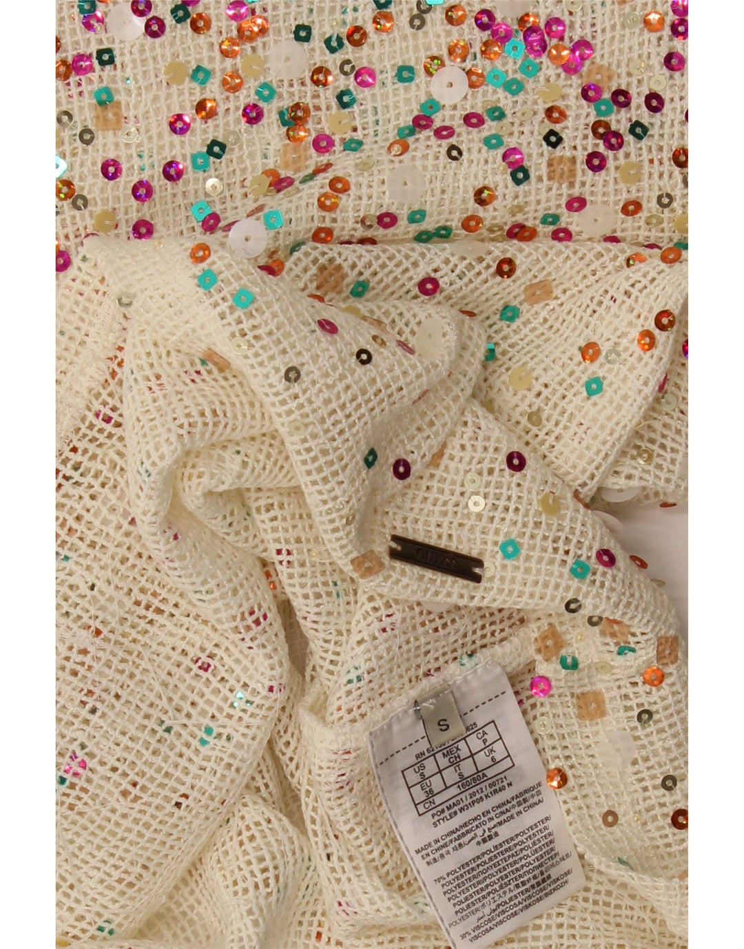 GUESS Womens Sequin Crochet Blouse Top UK 10 Small Off White Polyester