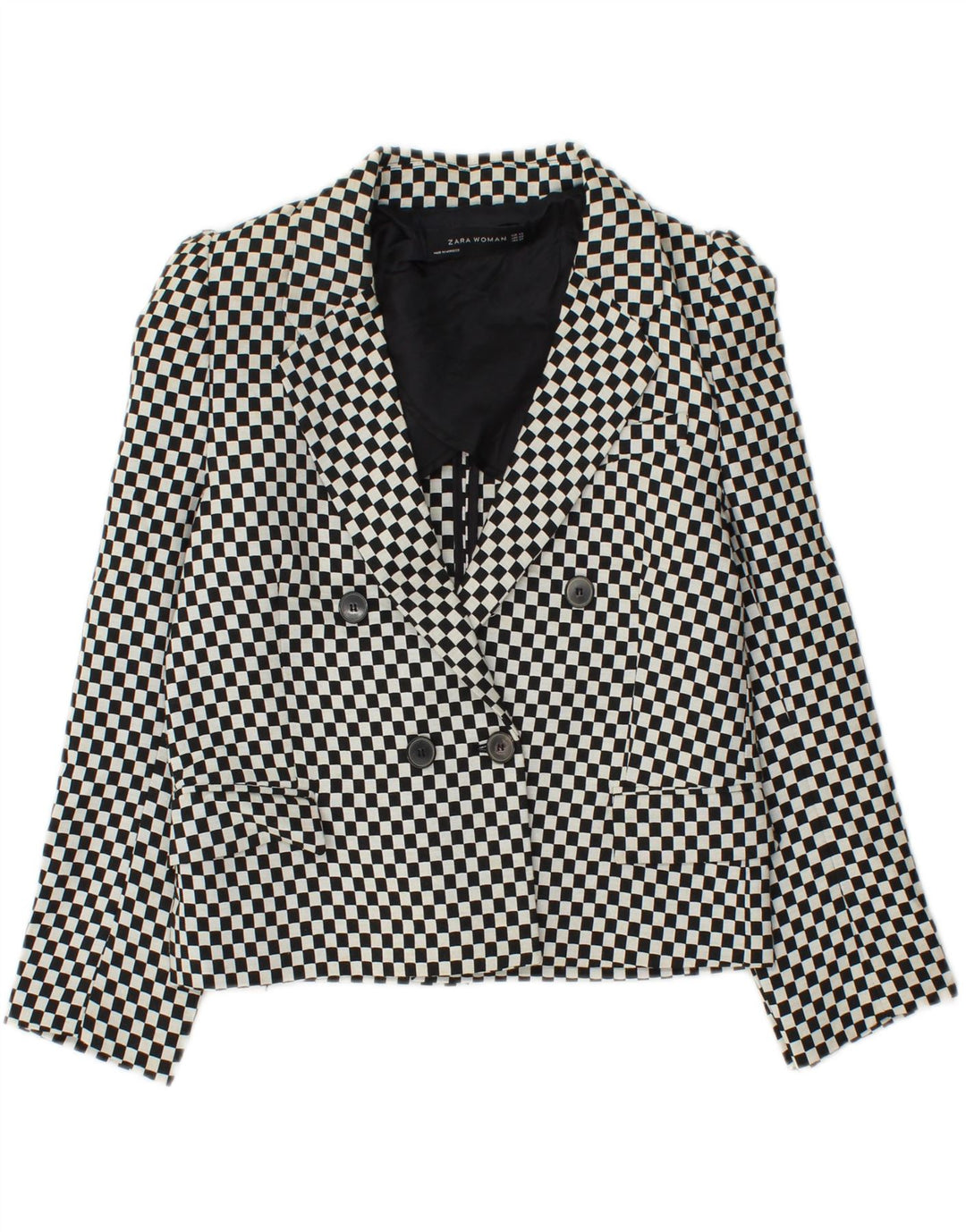Zara Womens Crop Double Breasted Blazer Jacket UK 6 XS Black Geometric