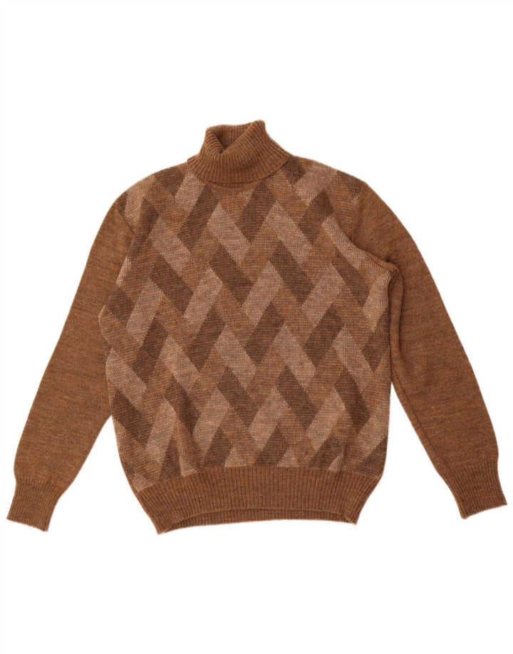 Vintage Mens Roll Neck Jumper Sweater Medium Brown Argyle/Diamond