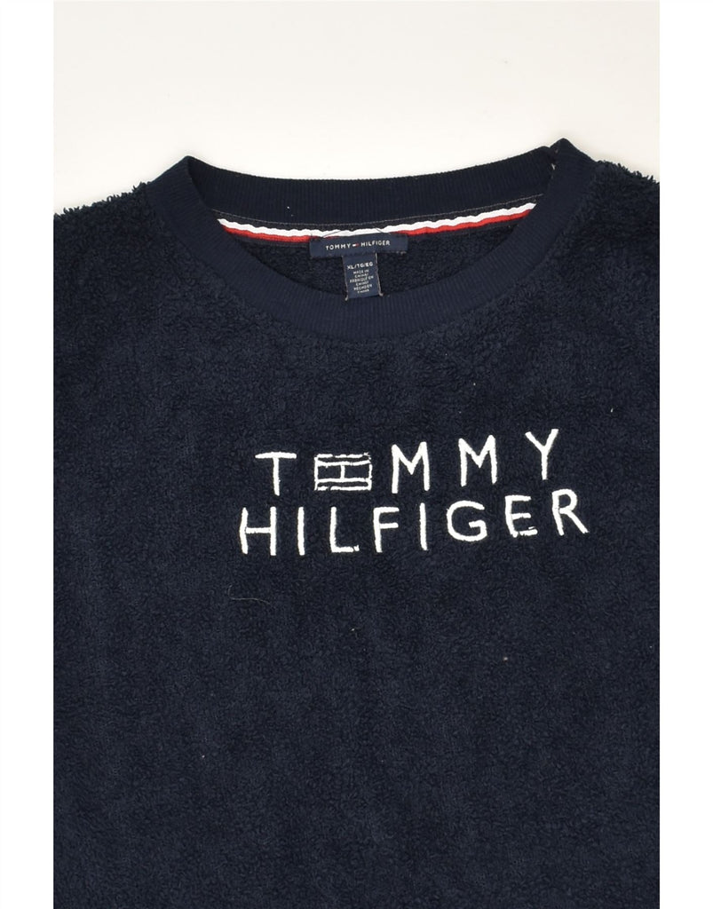 TOMMY HILFIGER Womens Graphic Fleece Jumper UK 18 XL Navy Blue Polyester | Vintage Tommy Hilfiger | Thrift | Second-Hand Tommy Hilfiger | Used Clothing | Messina Hembry 