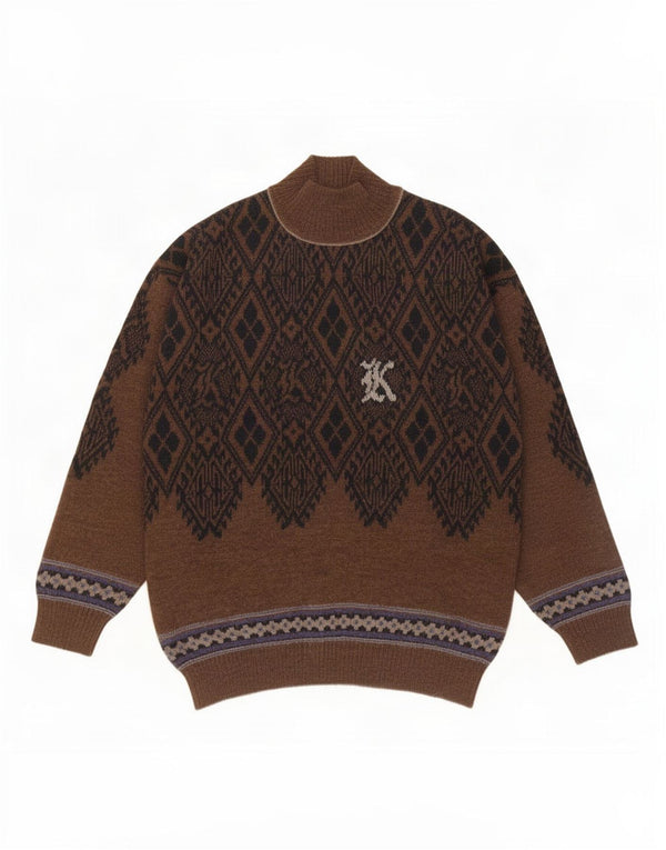 Kafka Mens Turtle Neck Jumper Sweater XL Brown Fair Isle Wool