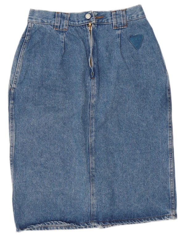 Vintage Womens High Waist Denim Skirt IT 46 Large Blue Floral Cotton