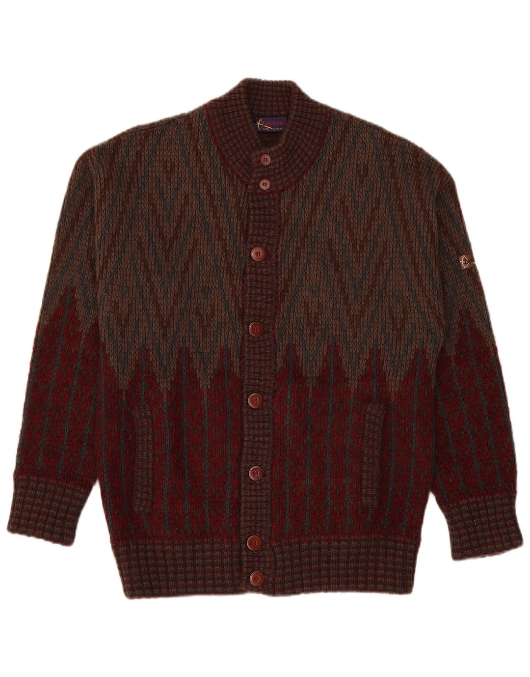Vintage Mens Cardigan Sweater Medium Burgundy Geometric