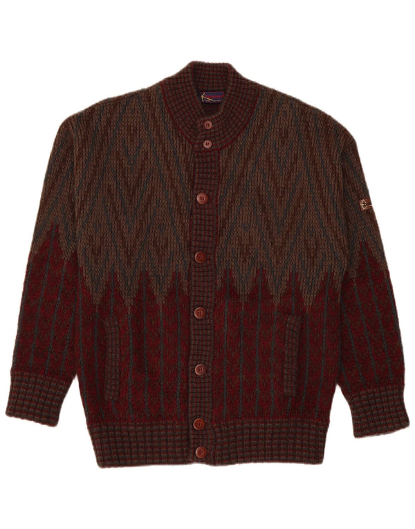 Vintage Mens Cardigan Sweater Medium Burgundy Geometric