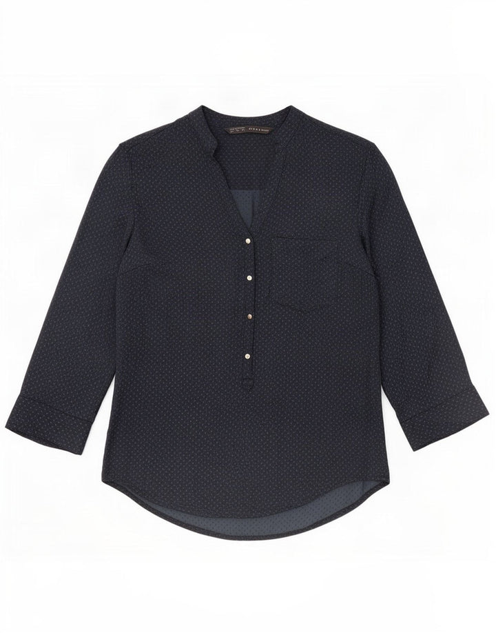 Zara Womens 3/4 Sleeve Blouse Top UK 14 Medium Navy Blue Spotted