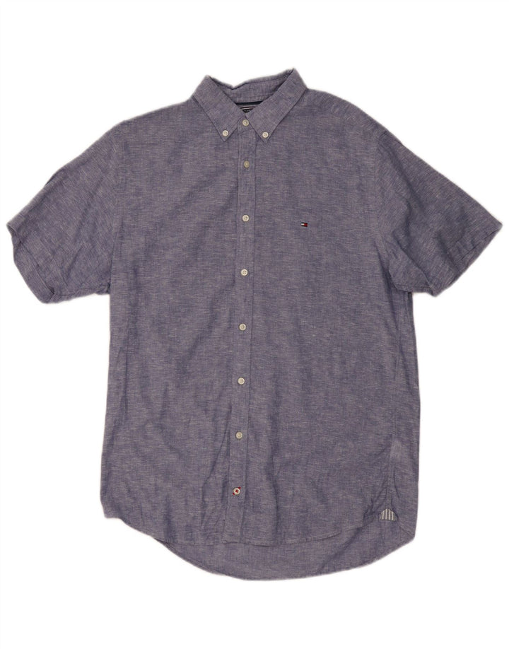 TOMMY HILFIGER Mens Short Sleeve Shirt Medium Blue Flecked Cotton