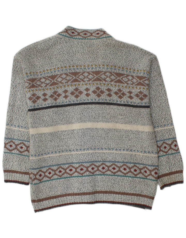 VINTAGE Mens Cardigan Sweater Medium Grey Fair Isle