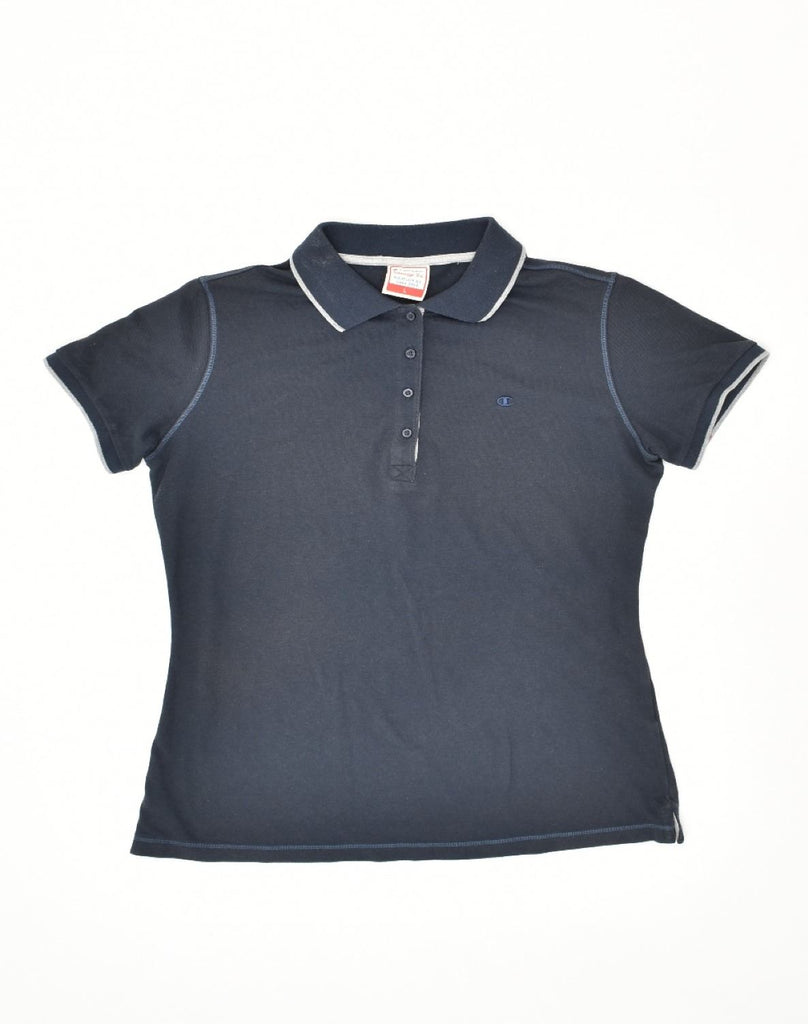 CHAMPION Womens Polo Shirt UK 14 Large Navy Blue Cotton | Vintage Champion | Thrift | Second-Hand Champion | Used Clothing | Messina Hembry 