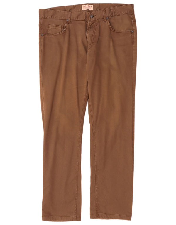 Zara Mens Straight Casual Trousers EU 44 Large W34 L30 Brown Cotton