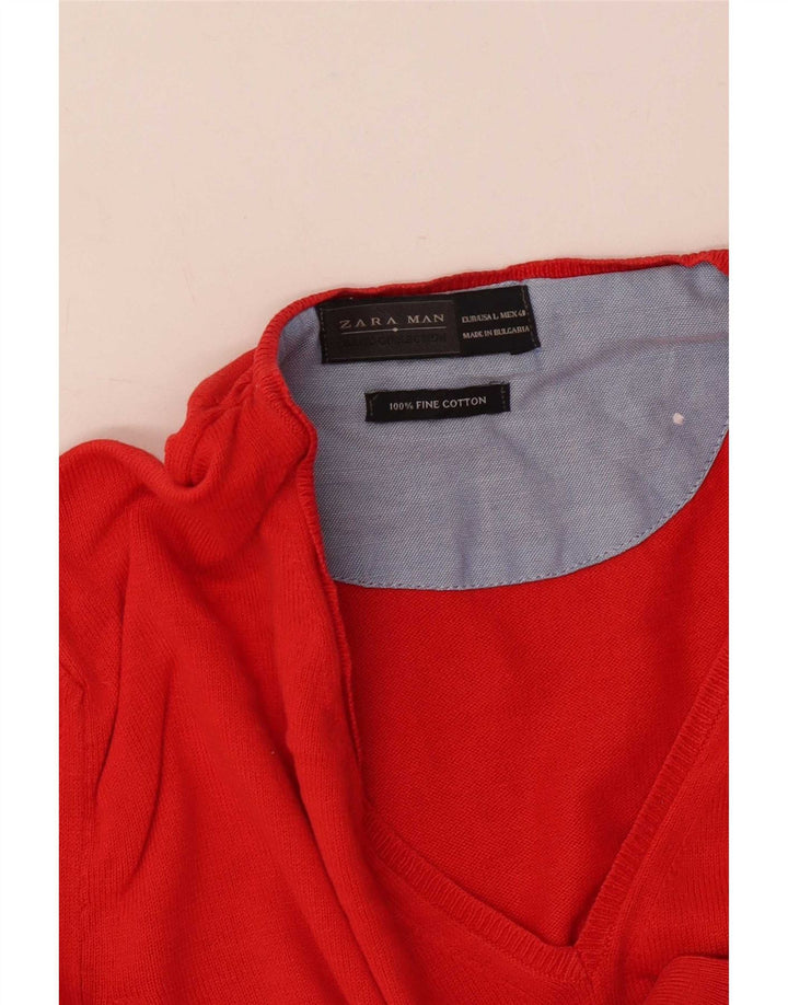 Zara Mens V-Neck Jumper Sweater Large Red Cotton
