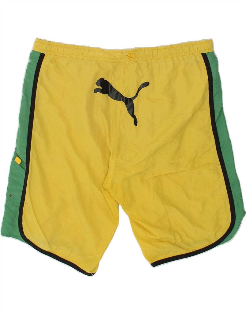 PUMA Mens Graphic Sport Shorts Large Yellow Colourblock Nylon | Vintage Puma | Thrift | Second-Hand Puma | Used Clothing | Messina Hembry 