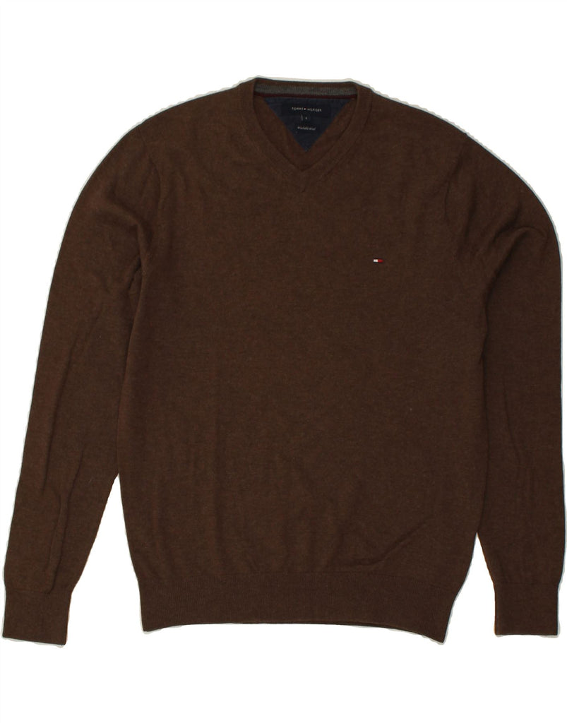 TOMMY HILFIGER Mens V-Neck Jumper Sweater Large Brown Wool | Vintage Tommy Hilfiger | Thrift | Second-Hand Tommy Hilfiger | Used Clothing | Messina Hembry 