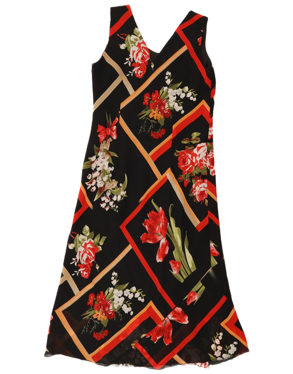 Vintage Womens Sleeveless A-Line Dress UK 14 Large Black Floral Viscose
