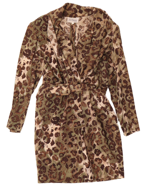 Les Copains Womens Long Sleeve Sheath Dress UK 14 Large Khaki Animal Print