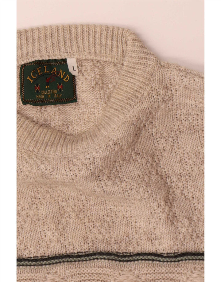 Iceland Mens Crew Neck Jumper Sweater Large Beige Striped Wool