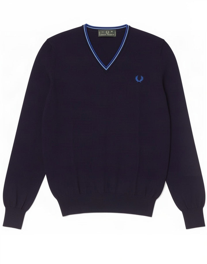 Fred Perry Mens V-Neck Jumper Sweater Medium Navy Blue Cotton