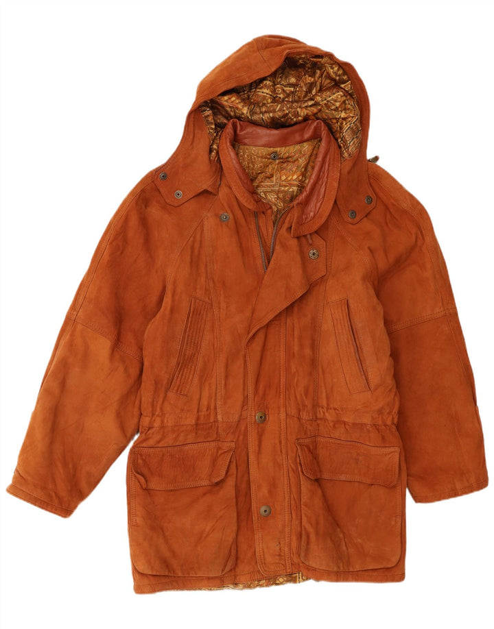 Vintage Mens Hooded Suede Parka Jacket IT 50 Large Brown Leather